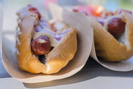 Hot dogs with mustard and ketchup wrapped in paper.の写真素材