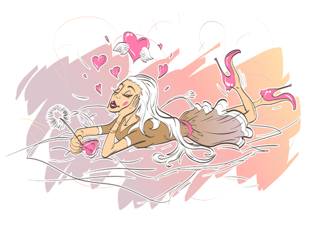 The girl is writing a note (valentine). Pastel color. Romance.のイラスト素材