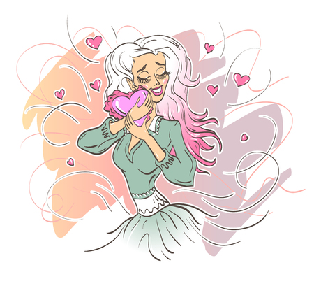 The girl hugs the heart of love. Happy moment. Around fly hearts.&#xA;のイラスト素材