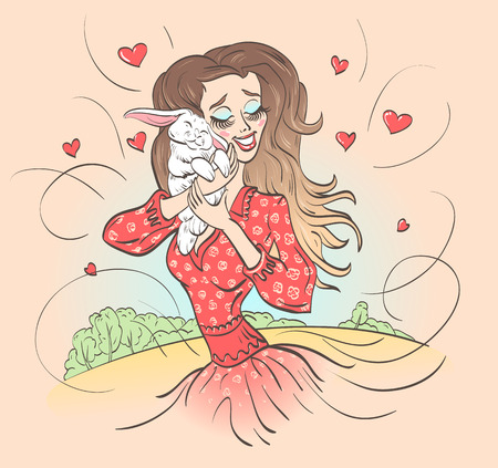 Young brunette girl hugs a white Easter bunny.のイラスト素材