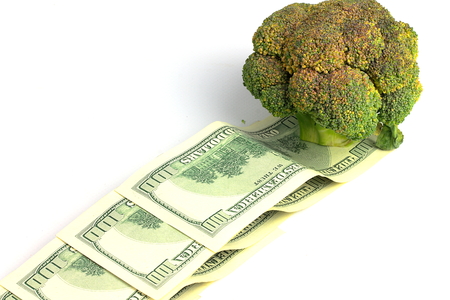 on a white background cauliflower and some dollarsの写真素材