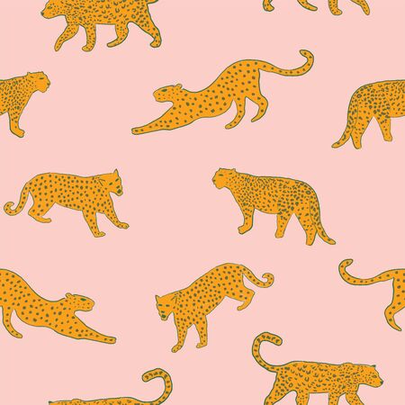 pink and orange leopard wildcats seamless vector pattern. trendy and wildのイラスト素材