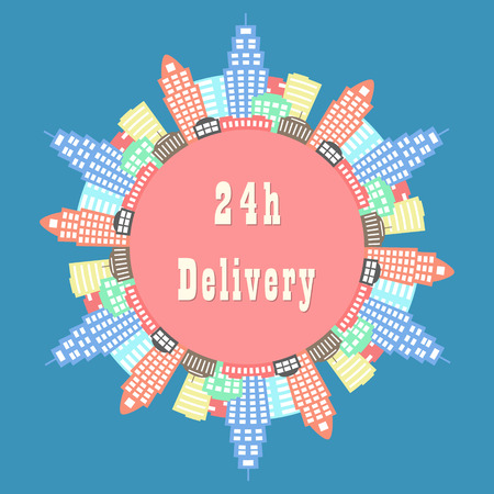 city around red circle. concept of twenty-four hours service. isolated on blue background. flat design modern vector illustrationのイラスト素材