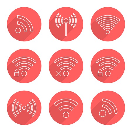 set of outline wifi icons in red circles with long shadow. isolated on white background. modern vector illustrationのイラスト素材