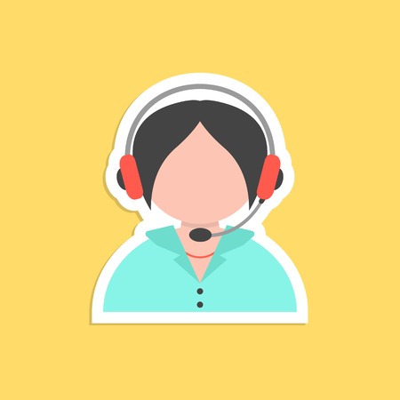 girl call center avatar sticker. concept of 24 hours client services, hotel reception, on-line shopping and communication. isolated on yellow background. flat style trendy modern vector illustrationのイラスト素材