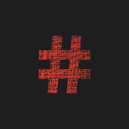 red hashtag icon in sketch hand drawn style. concept of number sign and social media. isolated on black background. trendy modern vector illustrationのイラスト素材