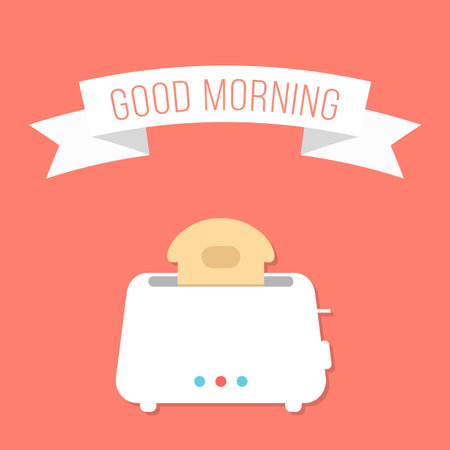 white toaster with ribbon and good morning inscription. isolated on stylish orange background. flat...