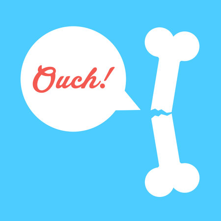 white broken bone says ouch. isolated on blue background. concept of health care, brittle bones and...