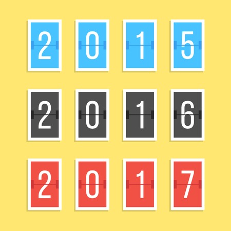 scoreboard year numbers isolated on yellow background. concept of number counter template for 2015-2017 countdown. flat style modern trendy design vector illustrationのイラスト素材