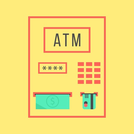 simple atm template isolated on yellow background. concept of withdrawal, bank settlements and pay regular bills. flat style trendy modern design vector illustrationのイラスト素材