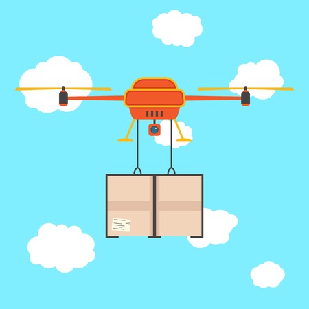 red quadrocopter with cargo in the sky. concept of fast shipping, innovative service and remote control toy. isolated on stylish background. flat style trendy modern design vector illustrationのイラスト素材