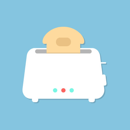 white toaster with shadow isolated on blue background. concept of beginning of the day, luncheon and...