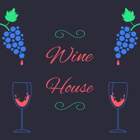 concept of wine house with bunch of grapes and wineglass. conceptual of liquor store, winemaking, alcohol production and sommelier service. flat style trendy modern template design vector illustrationのイラスト素材