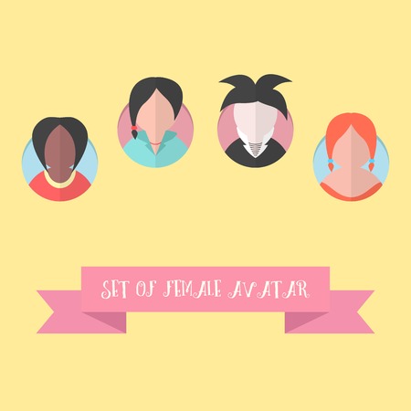 women avatar set with pink ribbon. concept of internet users, individual avatars and template postcard. isolated on yellow background. flat style trendy modern logotype design vector illustrationのイラスト素材