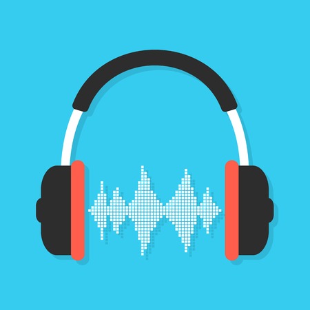 headphones and equalizer with shadow. concept of love for music, audio equipment and melomania. isolated on blue background. flat style trendy modern logo design vector illustrationのイラスト素材
