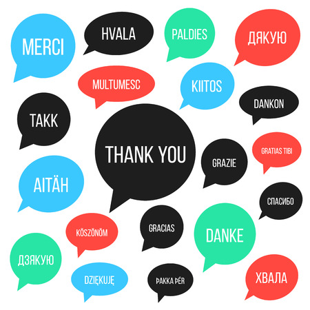 white thank you lettering in different languages in colored speech bubbles. concept of gratitude, thankfulness and polyglot. isolated on white background. trendy modern design vector illustrationのイラスト素材