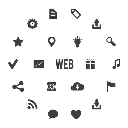 black and white web icons in circles. concept of website icons, site elements, marketing, shopping, search, seo. isolated on white background. flat style trendy modern design  illustrationのイラスト素材