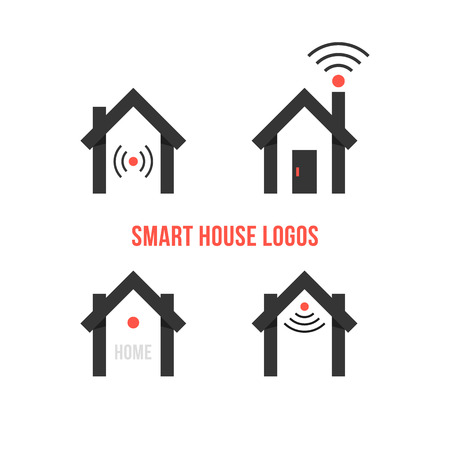 set of four black smart house logos. concept of eco house, automation, home technology, advanced, freelance. isolated on white background. flat style trendy modern branding design vector illustrationのイラスト素材