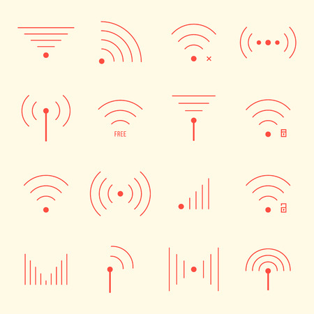 thin red wifi icons on yellow background. concept of free internet point, free access, wifi zone, wifi connection via radio waves, wifi area. flat style modern design のイラスト素材