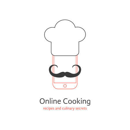 online cooking  with moustache of chef. concept of culinary secrets and website prescriptions. isolated on white background. flat style trendy modern branding design  illustrationのイラスト素材
