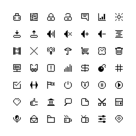 set of black web icons in pixel art. concept of shopping trolley, thumb like, ui, videogame file, social media sign. のイラスト素材
