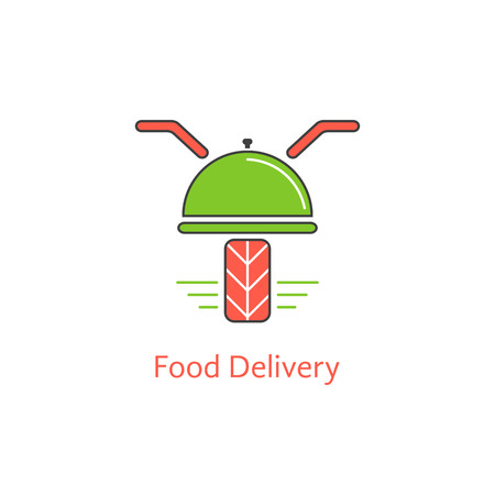 food delivery with motor scooter and dish. concept of online cafe, payment discounts, courier, dining, meal serving. isolated on white background. flat style modern branding design vector illustrationのイラスト素材