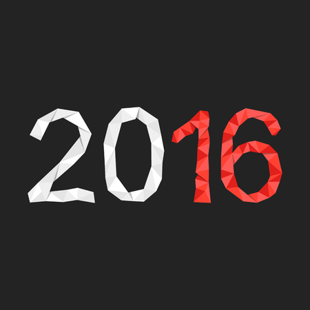 red and white polygonal 2016 year number. concept of celebrations decoration, festive, congratulation greeting card. isolated on black background. low-poly style modern logo design vector illustrationのイラスト素材