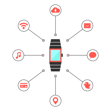 smart watches with social media icons. concept of mobile shopping payment, e-commerce, global service, transaction. isolated on white background. flat style trendy modern design vector illustrationのイラスト素材