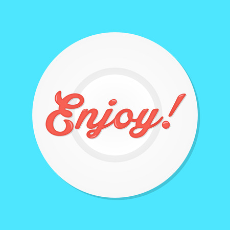 red enjoy text like sauce on white plate. concept of haute cuisine, dressing, cooking, condiment, fastfood, catsup. isolated on blue background. flat style trendy modern designのイラスト素材
