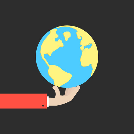 hand holding blue and yellow earth. concept of happy earth day, april 22, eco friendly, help ecology, future life, natural. isolated on black background. flat style modern design illustrationのイラスト素材