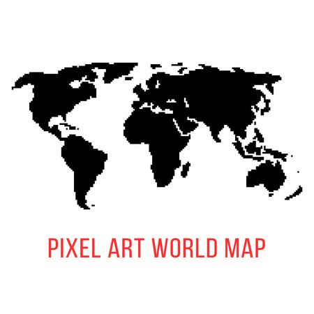 black world map in pixel art. concept of locations, 8bit videogame, topography, eurasia, geographica, schooling, wallpaper. isolated on white background. pixelart style modern illustrationのイラスト素材