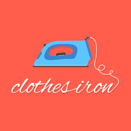 clothes iron lettering on red background. concept of ironing, drudgery, electricity, homework, laundry room, dry cleaning of linen, housewife. flat style modern logo design eps10 vector illustrationのイラスト素材