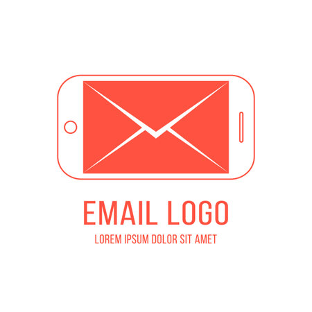 email logotype with inverted red smartphone and letter. concept of networking, cellphone, newsletter, device, notification, delivery, feedback. flat style modern brand design vector illustrationのイラスト素材