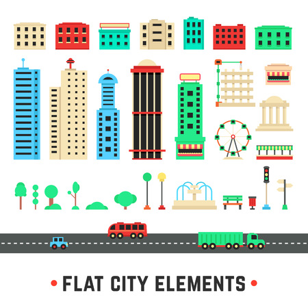 flat city elements on white background. concept of mapping, residential, infrastructure, office, tourism, ferris wheel, amusement park, gardening. flat style trend modern design vector illustrationのイラスト素材