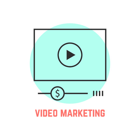 video marketing with thin line player. concept of streaming, multimedia, webinar, learning, movie screen, message. isolated on white background. flat style trend modern logo design vector illustrationのイラスト素材