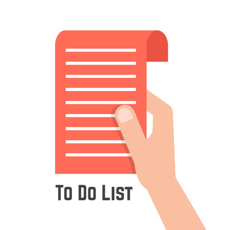 hand holding red to do list. concept of shopping, grocery list, marketing, buyer, purchase, retail, organize, page. isolated on white background. flat style trend modern design vector illustrationのイラスト素材