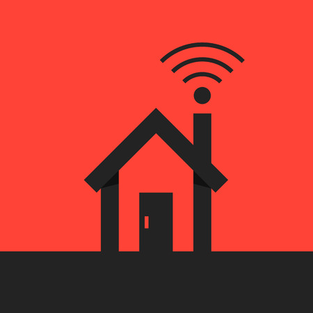 black smart house with wifi icon on red background. concept of networking, freelance, mobility, clever house. flat style trend modern logo design vector illustrationのイラスト素材
