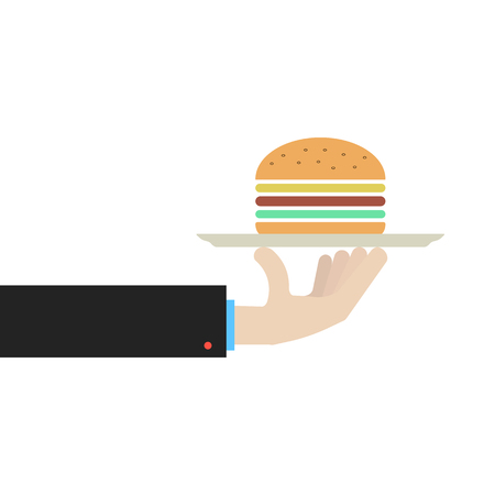 hand holding dish with hamburger. concept of gourmet, unhealthy gastronomy, servant, banquet, dine, luncheonette. isolated on white background. flat style trend modern design vector illustrationのイラスト素材
