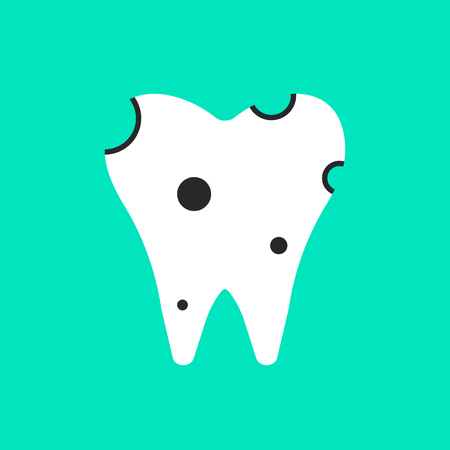 holey white tooth icon. concept of clinic, treatment, carious, stomatological clinic, implant, diagnosis of teeth. isolated on green background. flat style trend modern design illustrationのイラスト素材