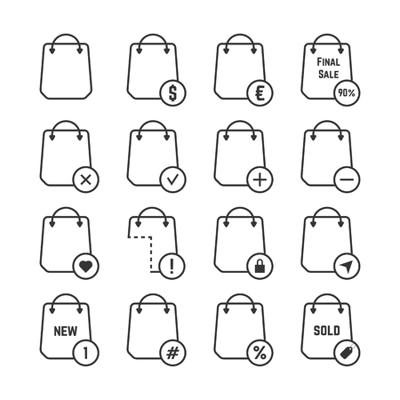 set of black thin line shopping bags. concept of packaging, travel, customer, economy, percent coupon, handbag. isolated on white background. flat style trend modern logo design vector illustrationのイラスト素材