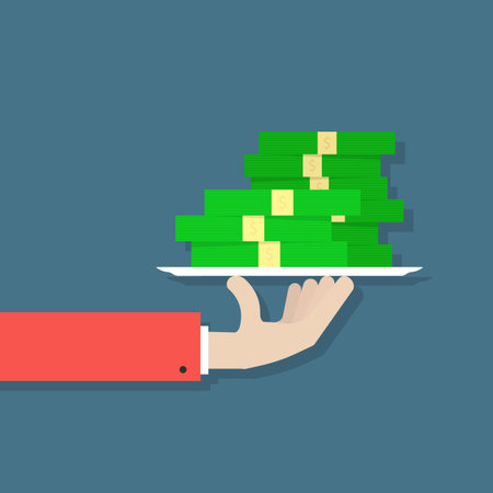 hand holding money on plate. concept of human charity, capital on dish, exchange, salary, dividends, budget, bill, successful. flat style trend modern design vector illustration on dark backgroundのイラスト素材