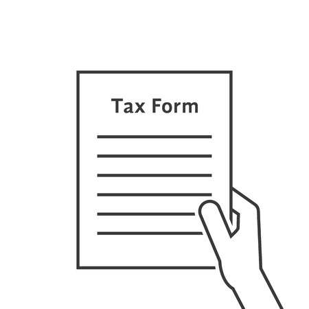 thin line hand holding tax form. concept of human rights, hmrc, control list closeup, tax interview, validation. flat style trend modern tax form graphic design vector illustration on white backgroundのイラスト素材