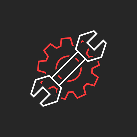 thin line wrench and gear like repair service logo. concept of garage project, tech, factory circle mark, cog, install, adjust. flat style modern brand design vector illustration on black backgroundのイラスト素材
