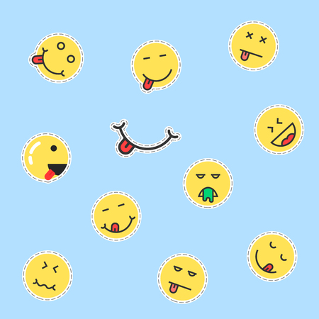 set of yellow emoji patches. concept of yummy, lick, sew, stitching, cutout, joke, joy, sad, depression, profile. flat style trend modern logotype graphic design vector illustration on blue backgroundのイラスト素材