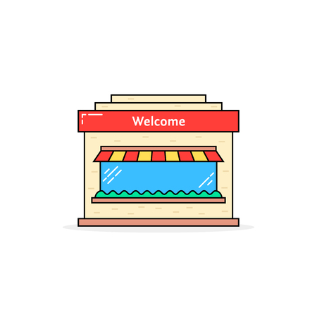 Color linear shop building icon. concept of marketing, shopfront, awning, town construction silhouette, exterior, merchandise. flat style trend modern graphic design on white backgroundのイラスト素材