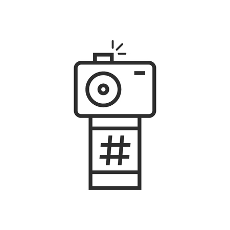 black thin line camera with photo frame. concept of pr like content in photographic social network or ad. linear flat style trend modern logotype graphic art design isolated on white backgroundのイラスト素材