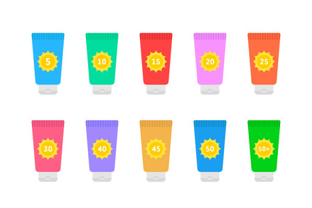 cosmetic tubes of sunscreen with different spf factor. set of simple flat style trend modern graphic art design isolated on white backgroundのイラスト素材