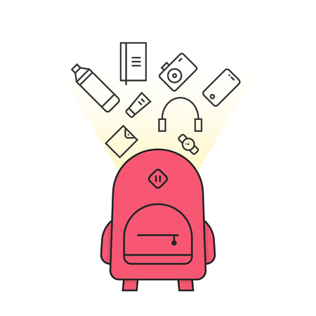 Pink backpack with personal items icon.のイラスト素材