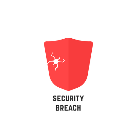 security breach with red abstract shield. simple flat style trend modern logotype graphic design isolated on white background. concept of danger of access violation or hacking of private serverのイラスト素材