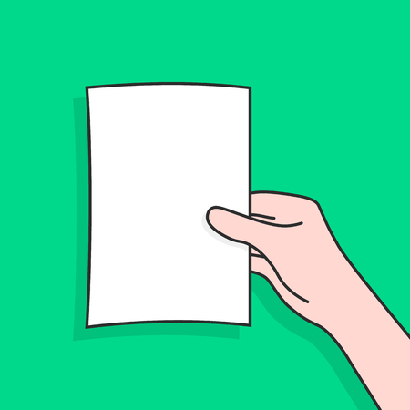 woman hand holding linear document. concept of person watching or showing portfolio or brochure with check list. contour flat style trend modern simple graphic art cartoon design isolated on greenのイラスト素材